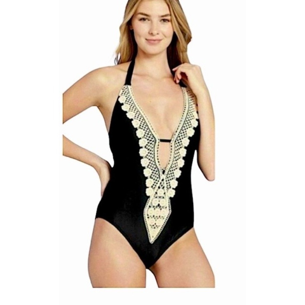 Kona Sol Womens Crochet Trim Plunge One Piece Swimsuit Sz S Black
